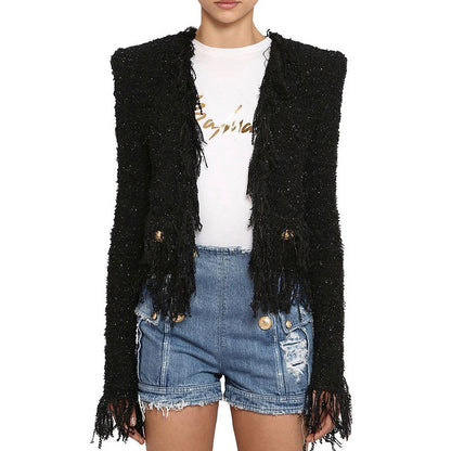 Spring Autumn Bright Silk Tweed Fringe Pocket Fastener Decoration Cardigan Women Coat Top