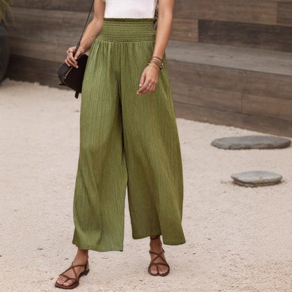 Summer High Waist Casual Three Dimensional Line Pleated Design Elastic Waist Loose Wide Leg Pants