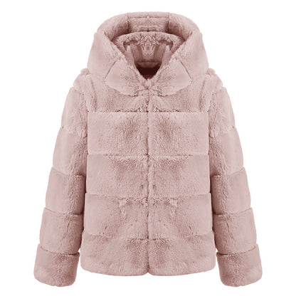 Short Solid Color Loose Horizontal Hooded Coat Faux Fur Autumn Winter Warm Coat
