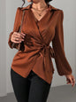 Women Autumn Winter Long Sleeved Satin Shirt Lace up Cinched Blouse Top