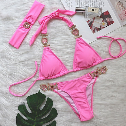 Sexy Luxury Crystal Diamond Bikini Solid Color Women Split Bandage Swimsuit Metal Accessories Swimsuit