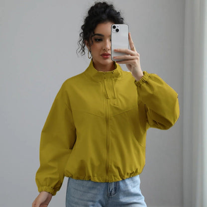 Fall Women Clothing Waterproof Jacket Short Stand Collar Thin Coat