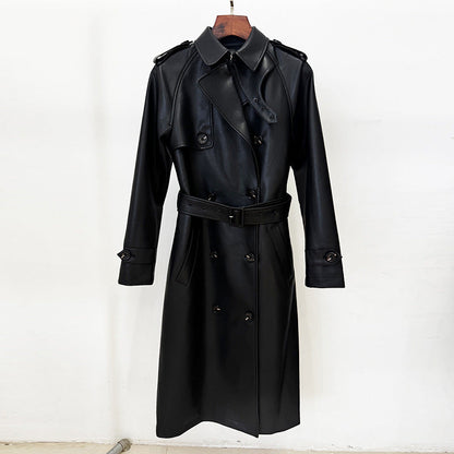 Double Breasted Series Belt Slim Mid Length Leather Wind Coat Coat