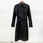Double Breasted Series Belt Slim Mid Length Leather Wind Coat Coat