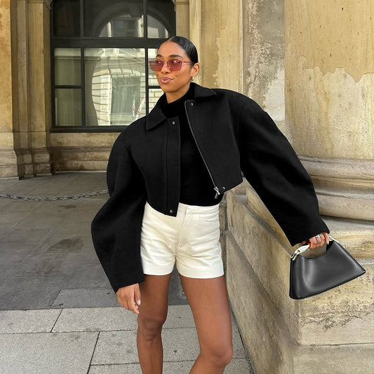 Autumn Trend Casual Machete Collared Zipper Short Woolen Coat Women