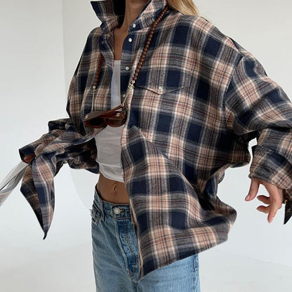 Autumn Winter Classic Retro Boyfriend Plaid Shacket Women All Match Loose Shirt