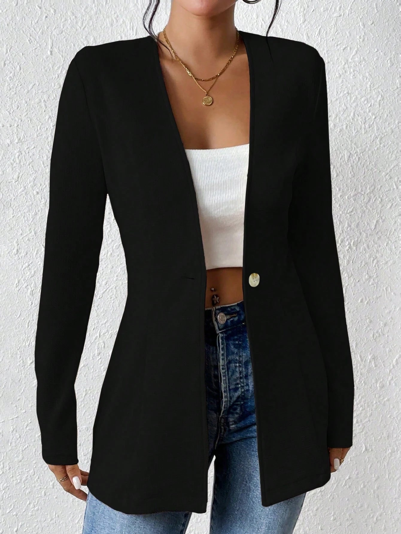 Fashionable V neck One Button Solid Color Long Sleeve Small Blazer
