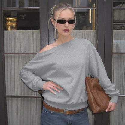 Women Clothing Autumn Casual Loose Waist Diagonal Collar Long Sleeve Sweater