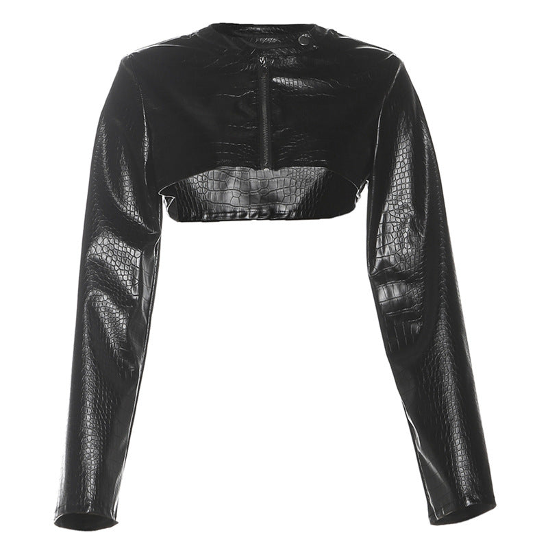 Fall Women Clothing Street Trend Sexy Short Long Sleeve Zipper Faux Leather Slim Jacket