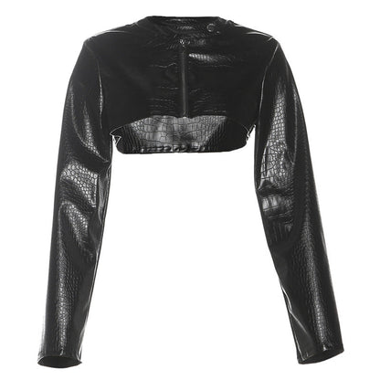Fall Women Clothing Street Trend Sexy Short Long Sleeve Zipper Faux Leather Slim Jacket