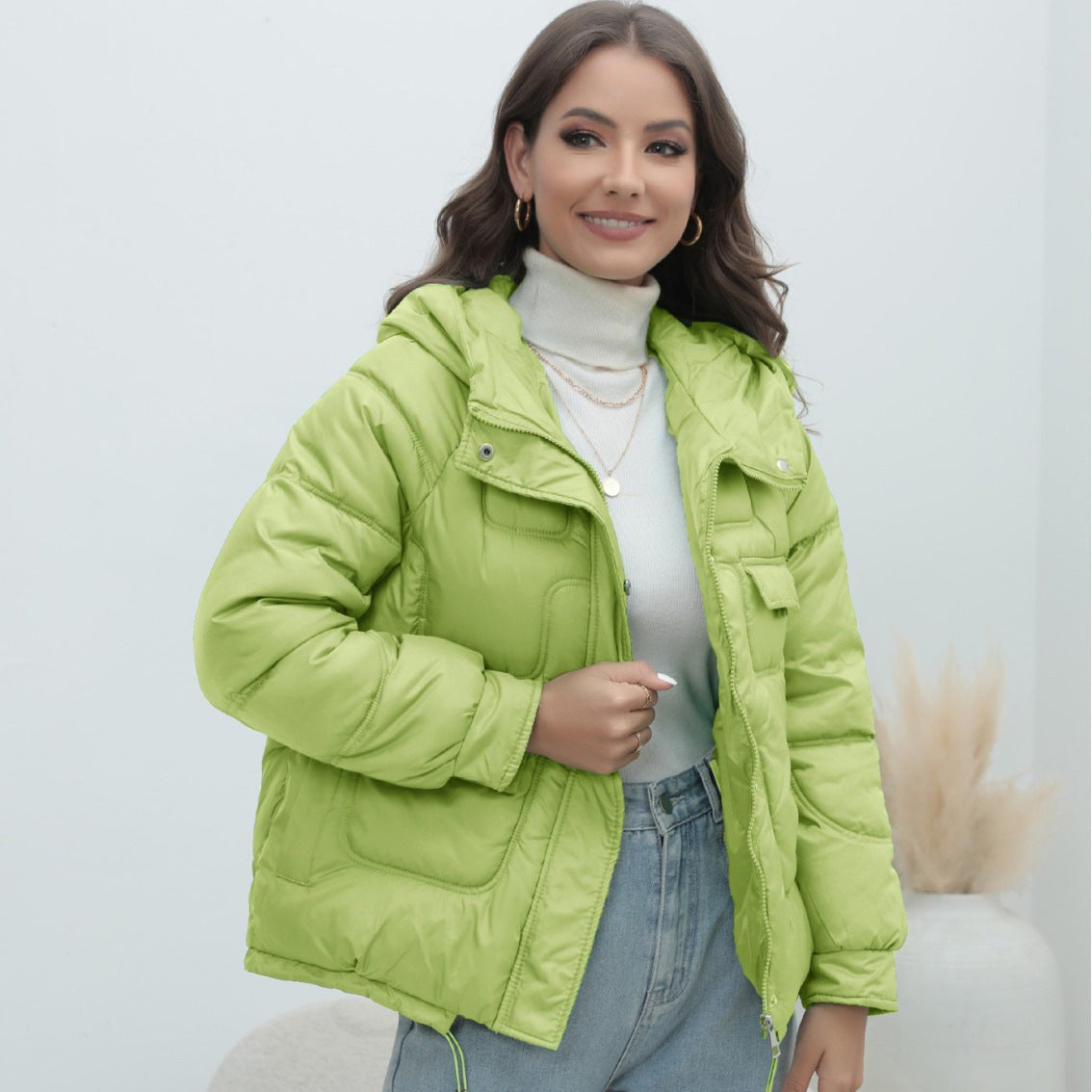 down Cotton Padded Coat Women Winter Thickened Padded Jacket Popular Bright Color Stand Collar Cotton Padded Coat