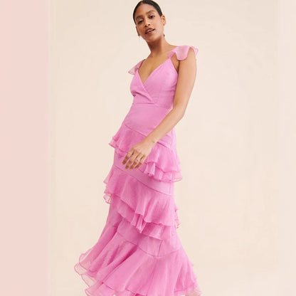 Dress Women Wear Sexy Strap Backless Tiered Dress Pink Dress