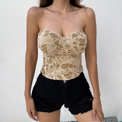 Retro Waste Soil Sexy Sexy Ripped Tube Top Double-Layer Contrast Color Chest Flattering Holiday Top Women