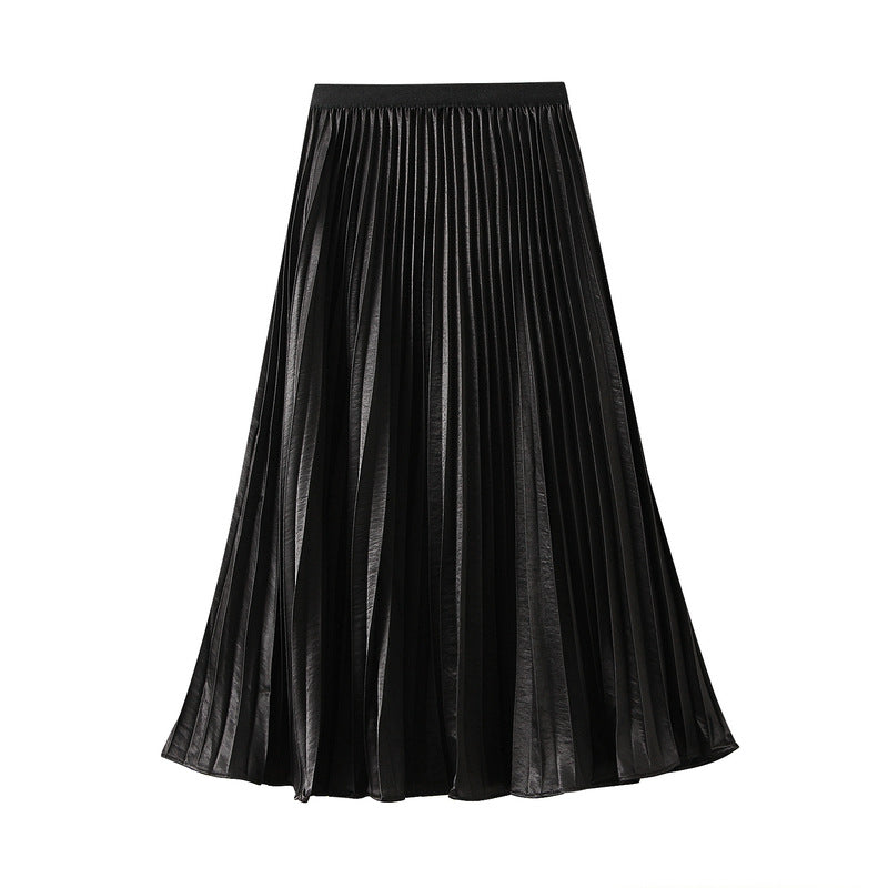 Thin Glittering Pearlescent Pleated Puffy Skirt for Women Autumn Elegant Drape Organ Pleated