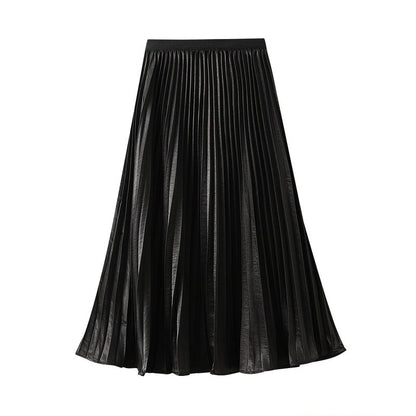 Thin Glittering Pearlescent Pleated Puffy Skirt for Women Autumn Elegant Drape Organ Pleated