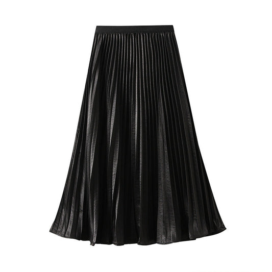 Thin Glittering Pearlescent Pleated Puffy Skirt for Women Autumn Elegant Drape Organ Pleated