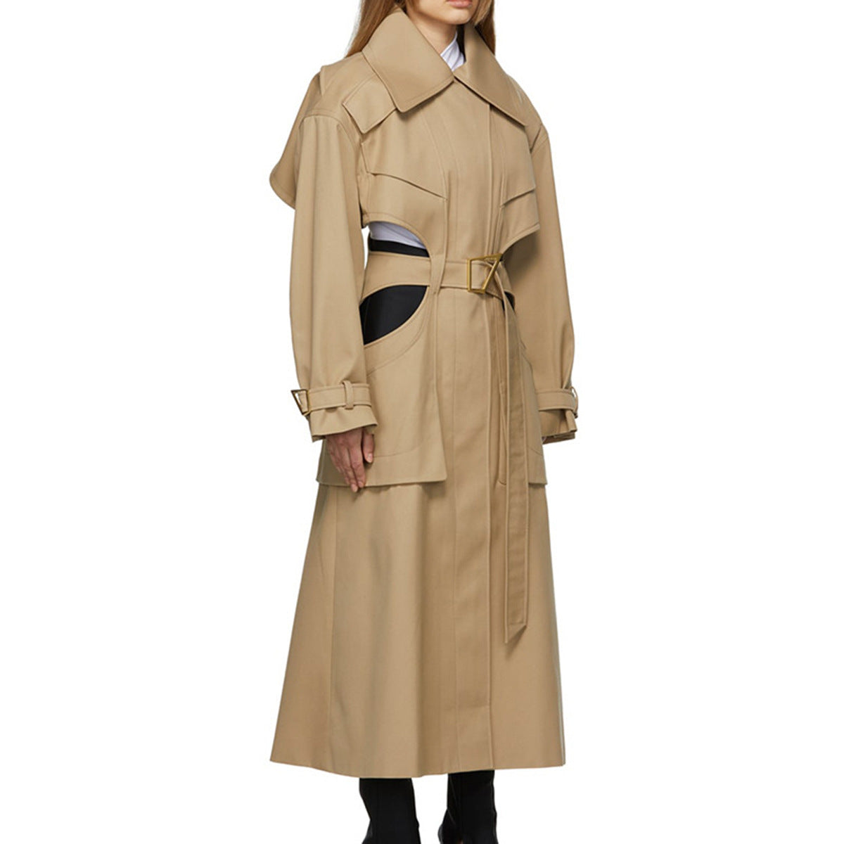 High Grade Long Trench Coat Women Spring Autumn Special Interest Design Deconstructed Hollow Out Cutout long Sleeve Cropped Outfit Lace up Coat