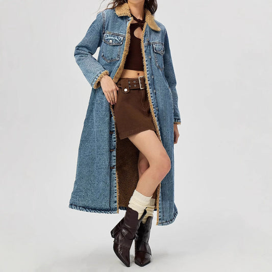 Women's Long Cotton Padded Denim Coat - Velvet Lined