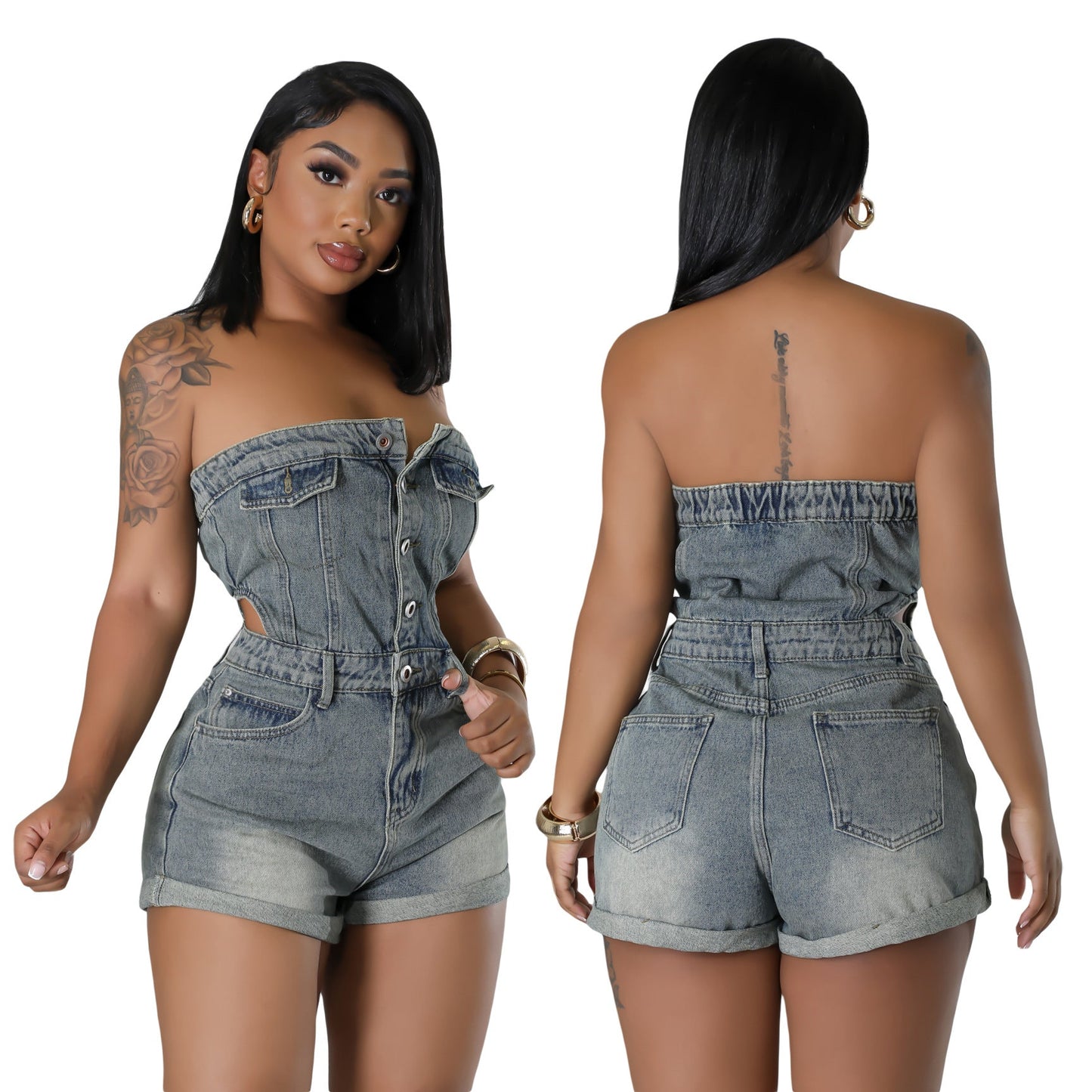 Casual Tube Top Women Clothing Slim Fit Denim Jumpsuit