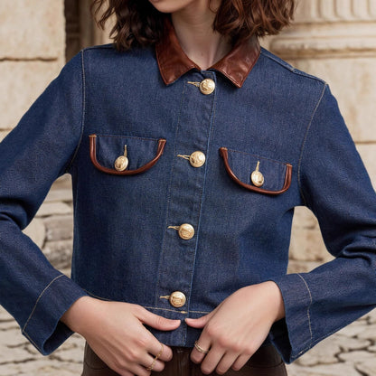 Button Embellishment with Leather Patchwork Collar Pocket Details Design Elegant Imitation Denim Jacket
