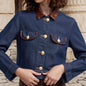Button Embellishment with Leather Patchwork Collar Pocket Details Design Elegant Imitation Denim Jacket