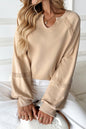 Solid Color Half Open Collar Stitching Lace Loose Stylish Long Sleeves Sweater