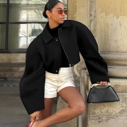 Autumn Trend Casual Machete Collared Zipper Short Woolen Coat Women