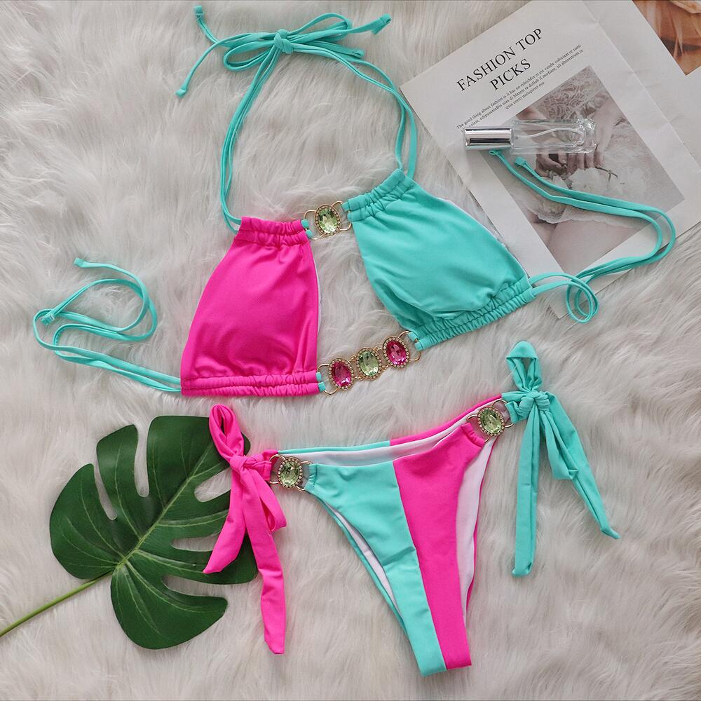 Baizi Crystal Diamond Bikini Sexy Patchwork Strap Women Split Swimsuit