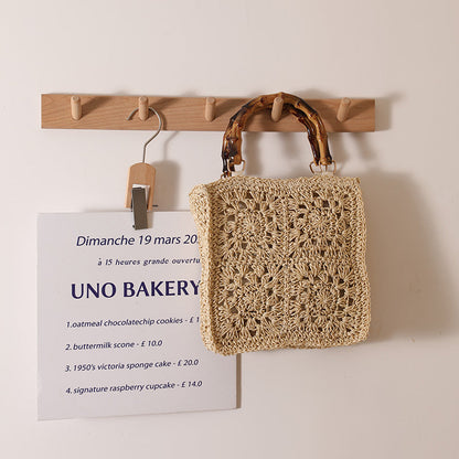 Bamboo Handle Straw Bag Paper String Square Crocheted Women Bag Fresh Casual Woven Bag Beach Bag