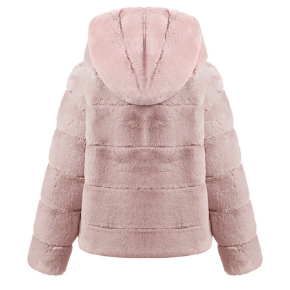 Short Solid Color Loose Horizontal Hooded Coat Faux Fur Autumn Winter Warm Coat