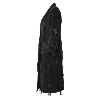 Personalized Faux Leather Tassel Embellished Mid Length Coat Windbreaker Woolen Coat