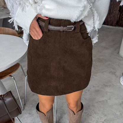 Retro Corduroy Skirt Women Short Autumn High Waist Office All Matching Slimming A line Sheath Skirt（Without Belt）