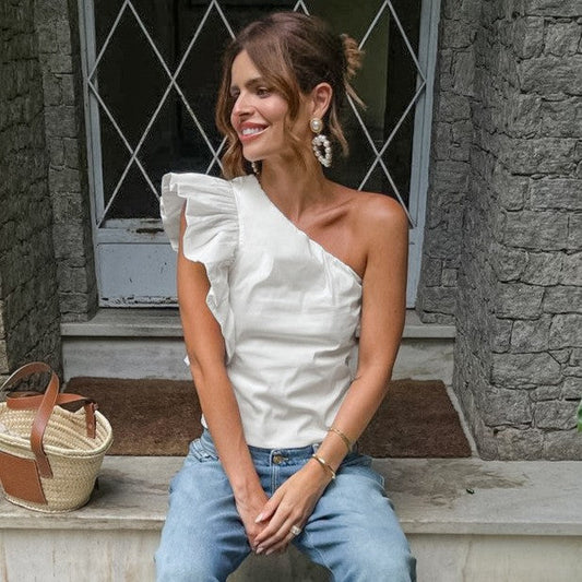 Retro Elegant One Shoulder Cold Shoulder Design Short Pure Cotton White All Match Summer Ruffles Vest Women