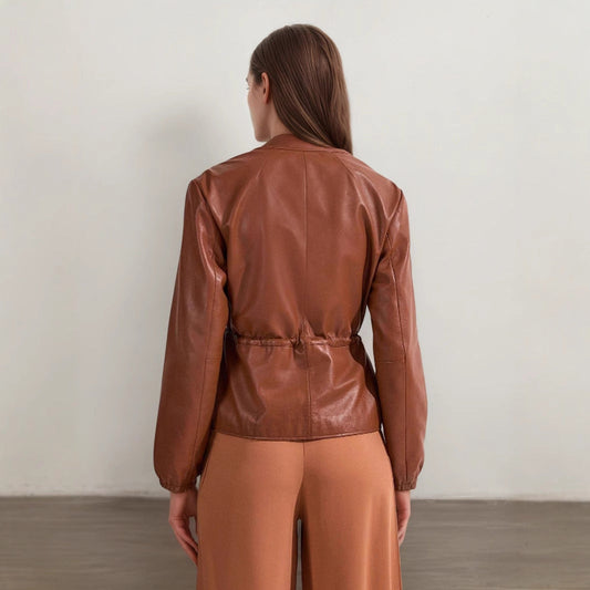 Round Neck Brown Tone Drawstring Ruffle Waist Slimming Design Short Long Sleeve Leather Coat