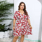 Plus Size Casual V Neck Loose Printed Short Sleeve Dress