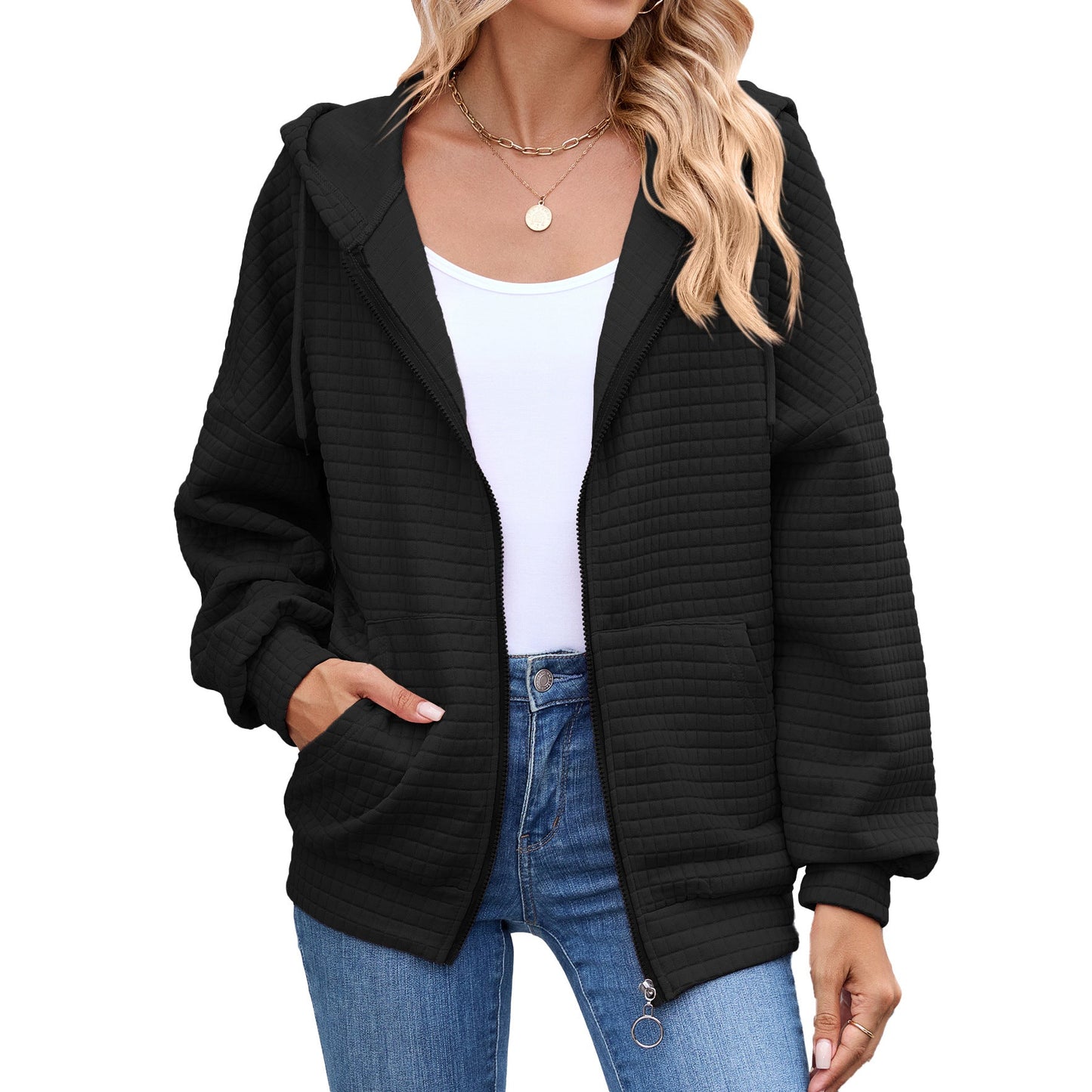 Autumn Winter Solid Color Long Sleeve Zipper Hooded Pocket Sweatshirt Coat Women