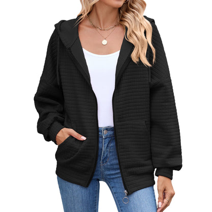 Autumn Winter Solid Color Long Sleeve Zipper Hooded Pocket Sweatshirt Coat Women