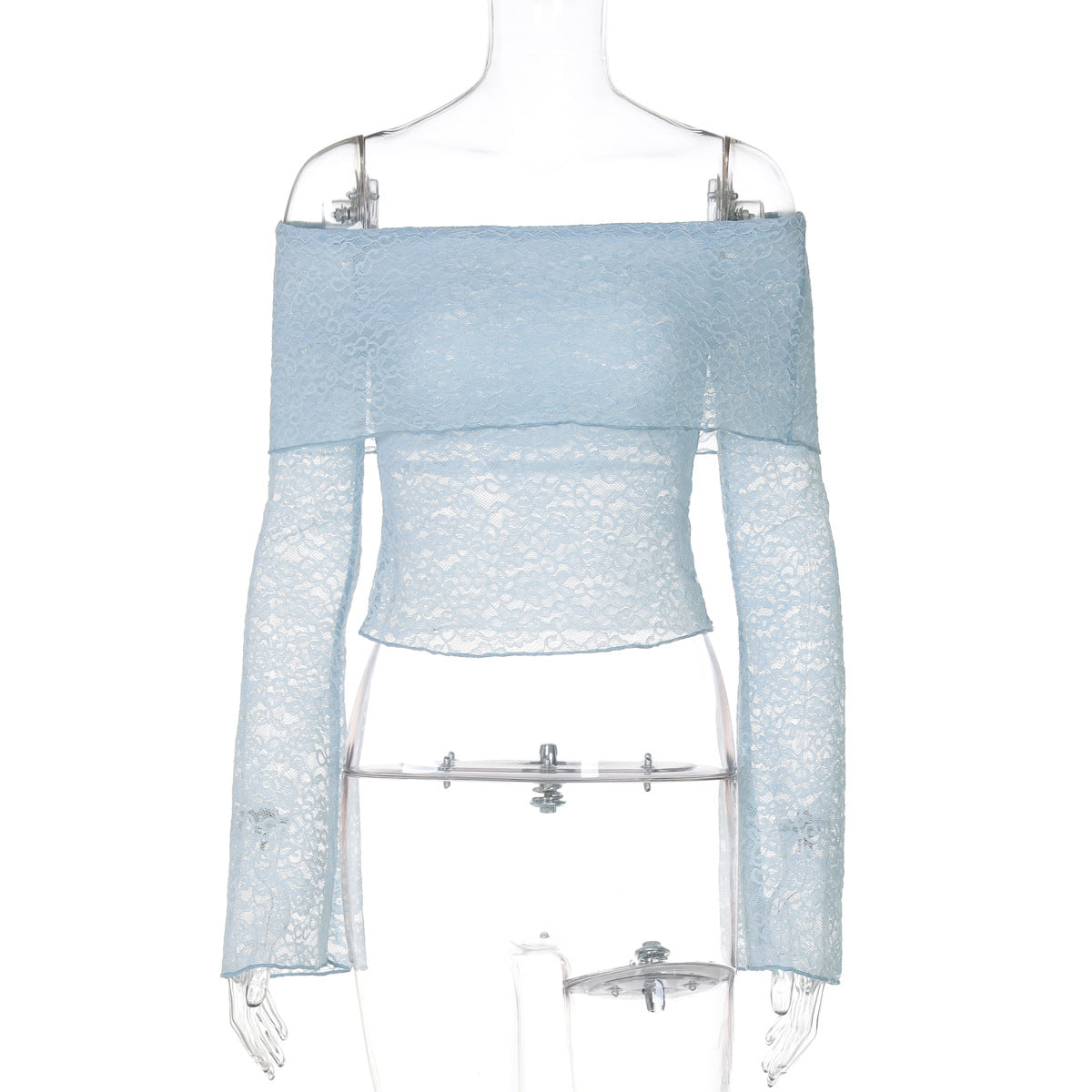 Women Clothing Summer Sexy off Neck Lace Waist Sheer Long Sleeve Top