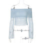 Women Clothing Summer Sexy off Neck Lace Waist Sheer Long Sleeve Top