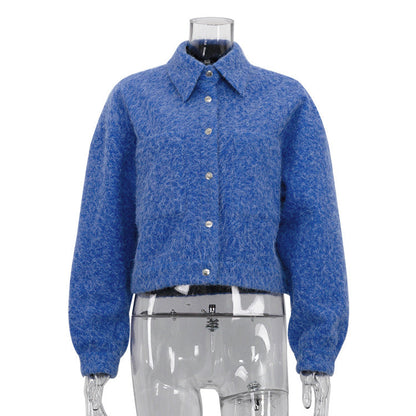 Women Clothing Winter Klein Blue Collared Long Sleeved Woolen Coat All Matching Small Jacket