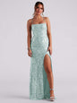 Sexy off Neck Sequined Floor Evening Dress Elegant Slit Cocktail Dress (3 Colors)