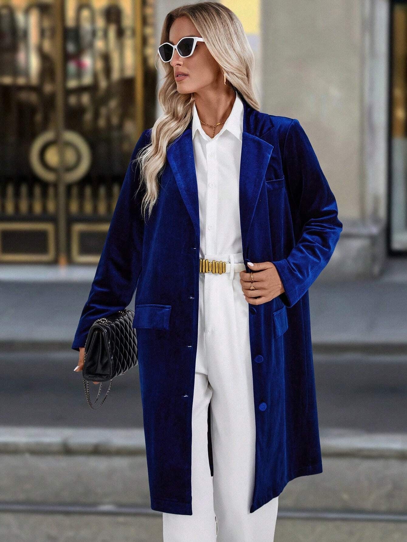 Arrival Loose Velvet Trench Coat Collared Long Sleeve Casual Single Breasted Long Blazer Women