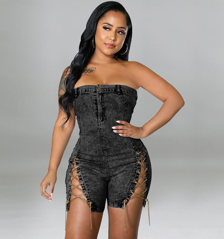 Women Clothing Spring Wear Copper Chain Sexy off the Shoulder Denim Dress Romper