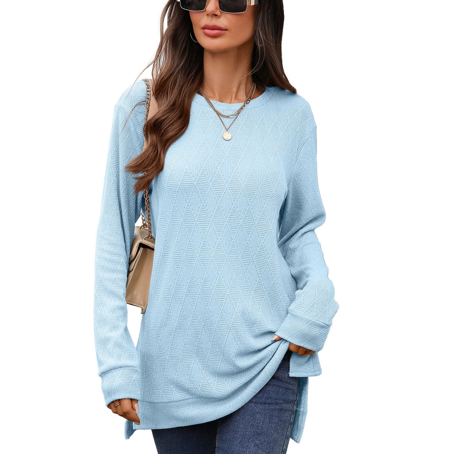 Autumn Winter round Neck Geometric Abstract Jacquard Loose Fitting Long Sleeved T shirt Top Women