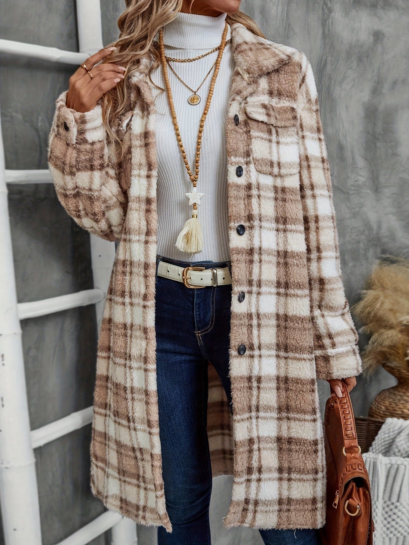 Fall Winter Printed Plaid Long Double Sided Plush Patch Pocket Button Cardigan Coat Women