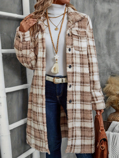 Fall Winter Printed Plaid Long Double Sided Plush Patch Pocket Button Cardigan Coat Women