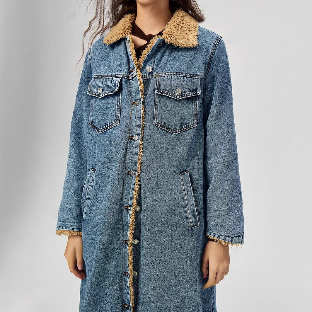 Women's Long Cotton Padded Denim Coat - Velvet Lined