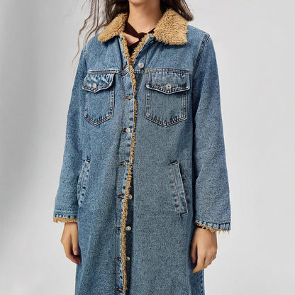 Women's Long Cotton Padded Denim Coat - Velvet Lined