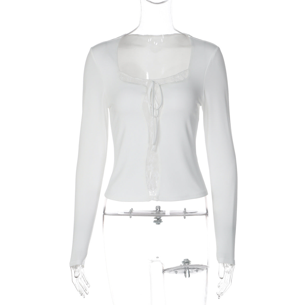 Sexy Lace Stitching Square Neck T shirt Women Autumn Slim Fit Bottoming Shirt