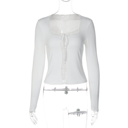 Sexy Lace Stitching Square Neck T shirt Women Autumn Slim Fit Bottoming Shirt